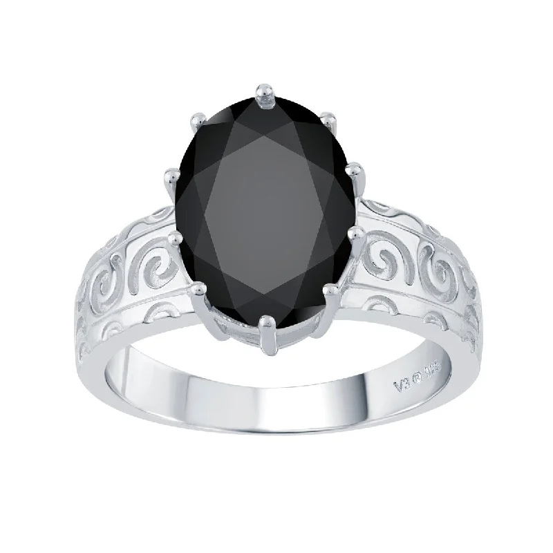 chunky rings for women -Sterling Silver with Natural Black Spinel Solitaire Swirl Engravework Ring