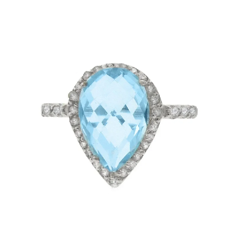 trendy rings for women -Dolce Giavonna Silver Overlay Blue Topaz and Cubic Zirconia Teardrop Ring