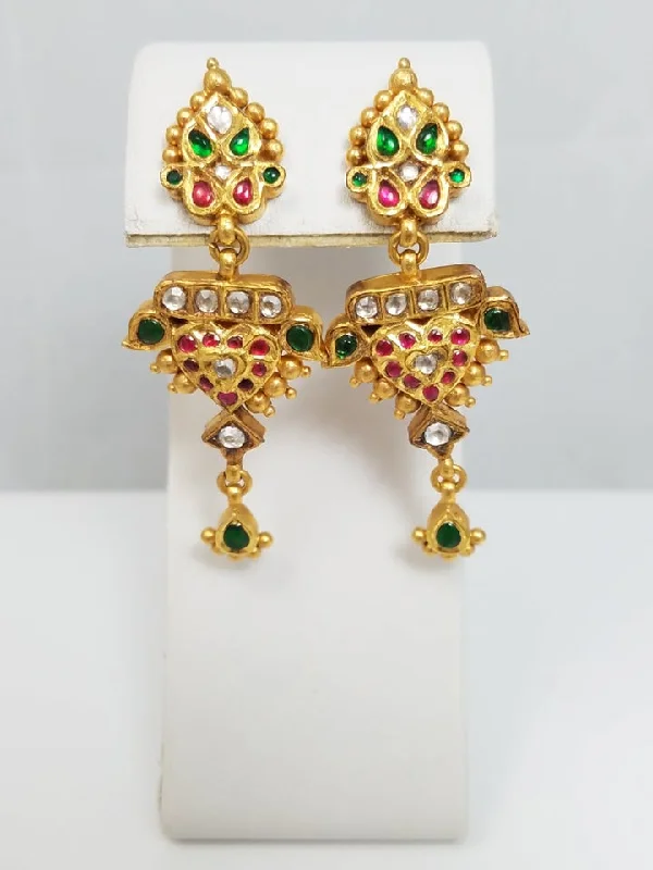 women's gold earrings -Glamorous 22k Yellow Gold Enamel White Sapphire Dangle Earrings