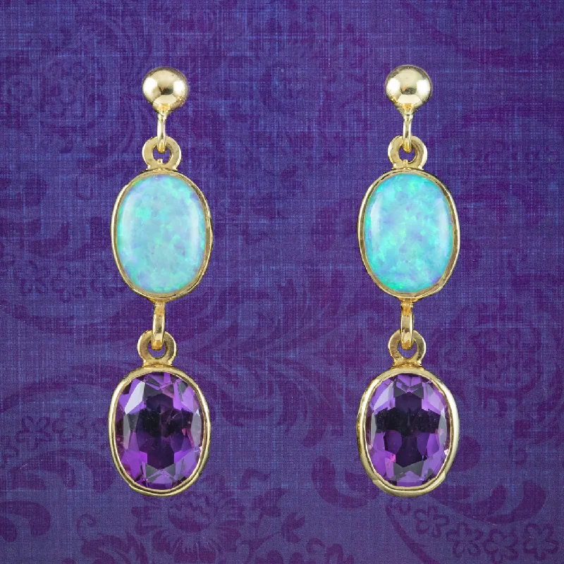 gold dangle earrings -Edwardian Style Opal Amethyst Drop Earrings 9ct Gold