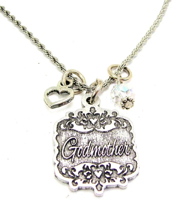 classic necklaces for women -Godmother Victorian Scroll With Open Heart And Crystal 20" Stainless Steel Rope Necklace