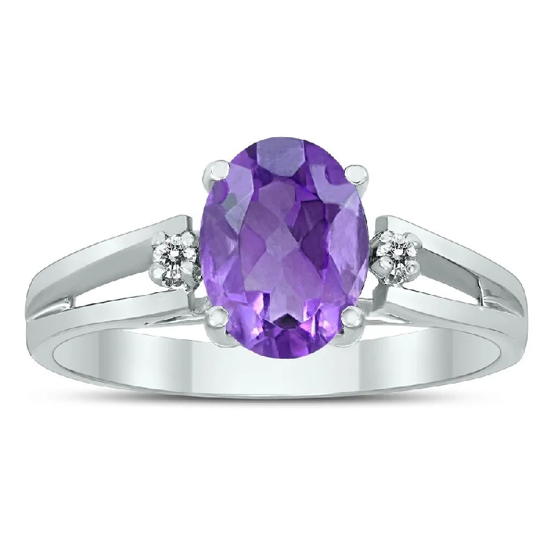 art deco rings for women -8X6MM Amethyst and Diamond Open Three Stone Ring in 10K White Gold