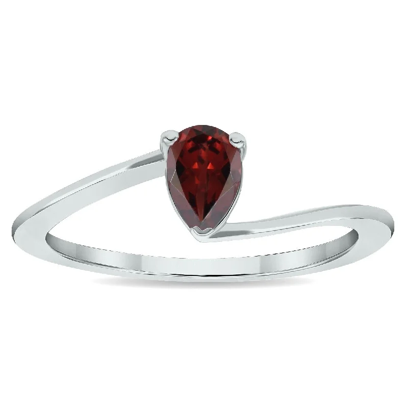 custom wedding rings -Women's Solitaire Garnet Wave Ring in 10K White Gold