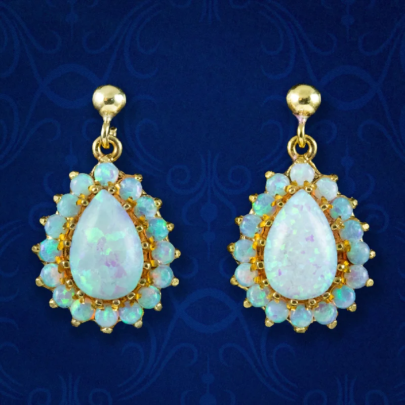 evening earrings for women -Victorian Style Opal Drop Earrings Sterling Silver 18ct Gold Gilt