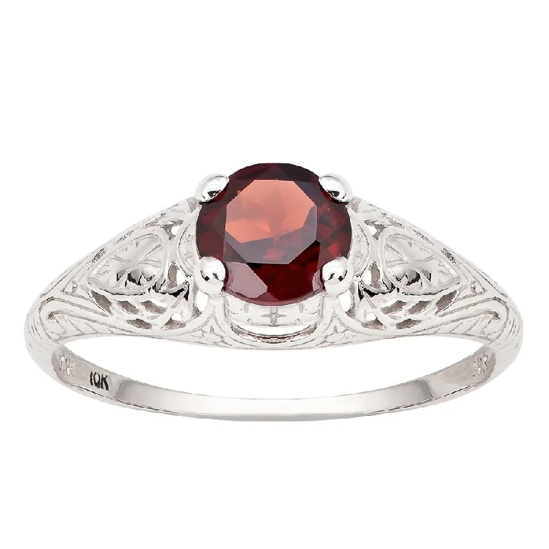 vintage engagement rings -Viducci 10k White Gold Vintage Style Genuine Garnet Scroll Ring