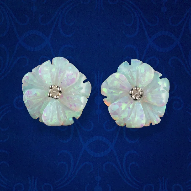 sapphire earrings for women -Victorian Style Opal Diamond Flower Stud Earrings 9ct Gold