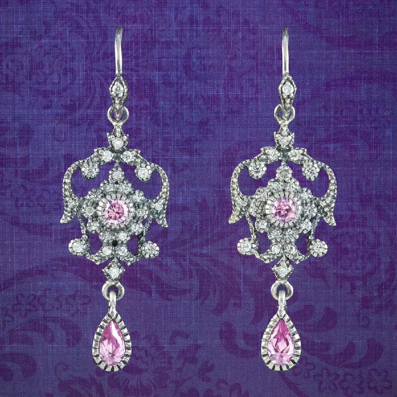 bohemian earrings for women -Edwardian Style Pink Cubic Zirconia Drop Earrings Silver