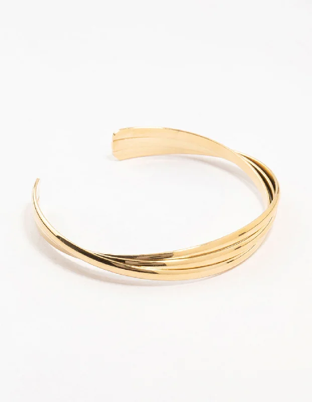 diamond tennis bangles -Waterproof Gold Plated  Stainless Steel Twisted Ribbed Wrist Cuff