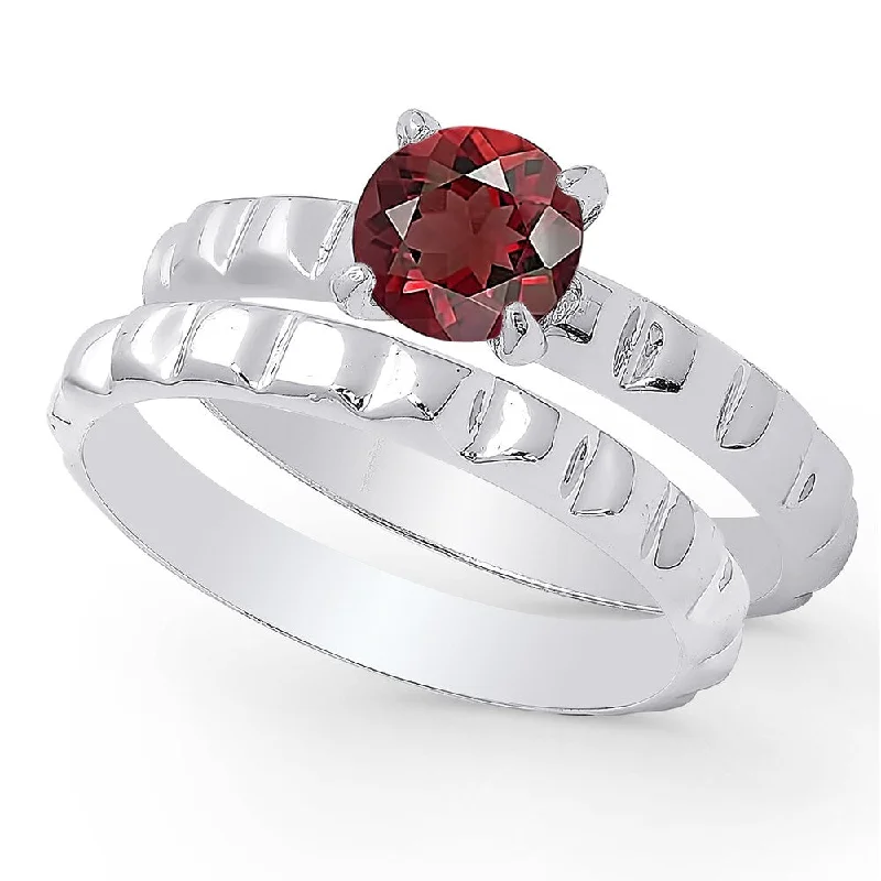 custom birthstone rings -Dolce Giavonna Sterling Silver Garnet Solitaire Bridal Ring Set