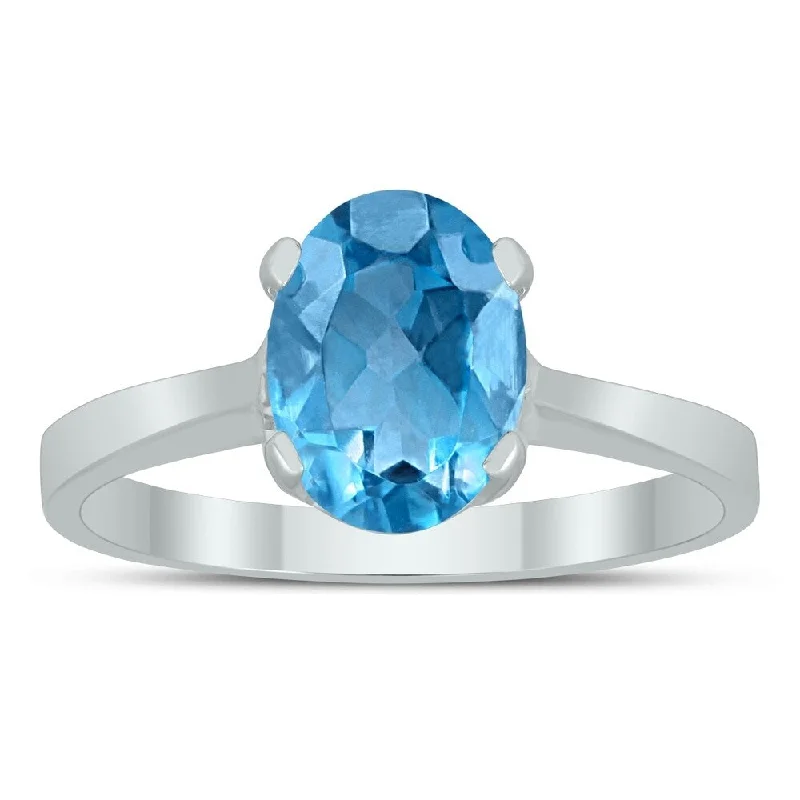 art deco rings for women -Oval Solitaire 8X6MM Blue Topaz Ring in 10K White Gold