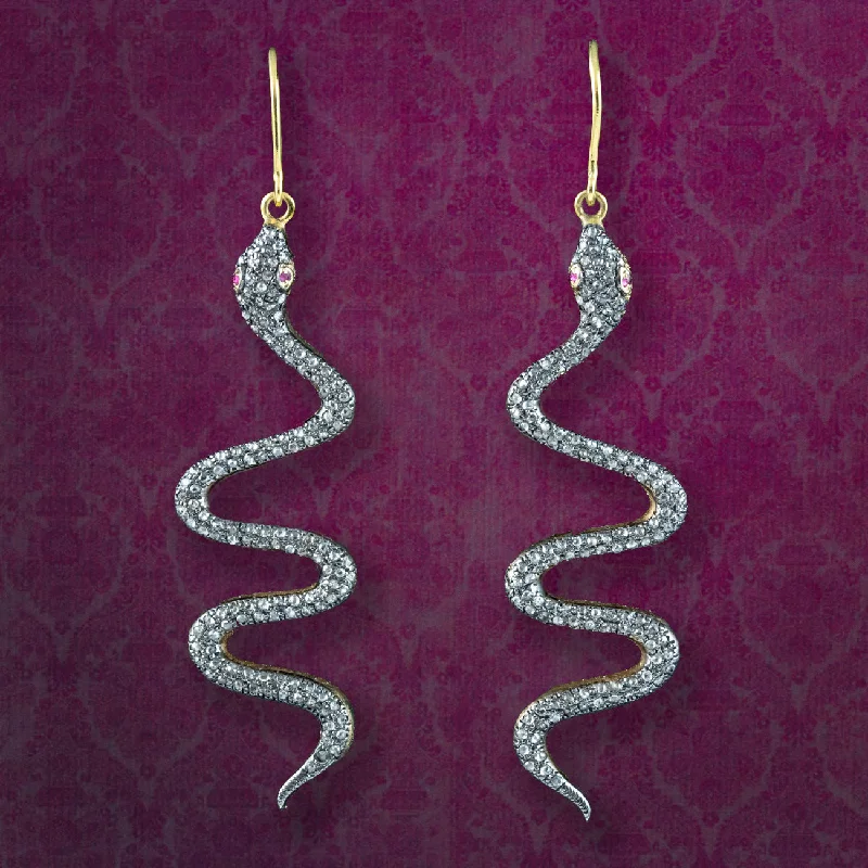 drop earrings for women -Victorian Style Diamond Snake Drop Earrings 18ct Gold Silver