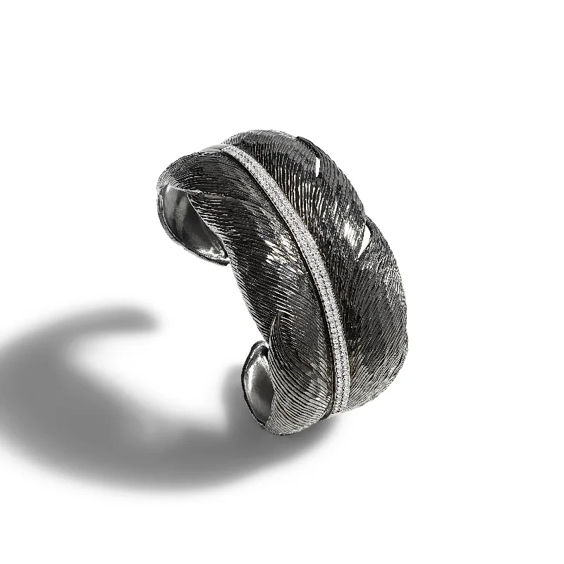 wedding bangles for women -Feather Cuff with Diamonds - Black Rhodium