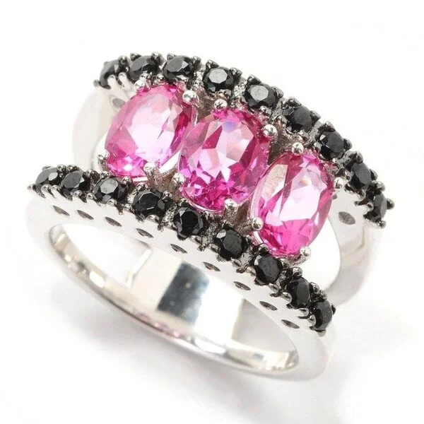 double band rings for women -Sterling Silver with Natural Pink Topaz and Black Spinel Three Stone Ring