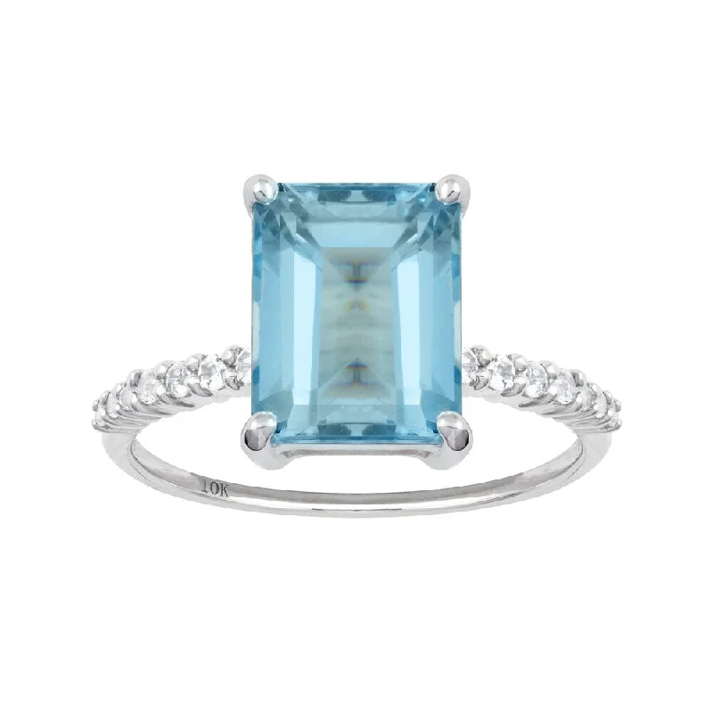 stylish rings for women -Viducci 10k White Gold Emerald-Cut Blue Topaz and White Topaz Ring