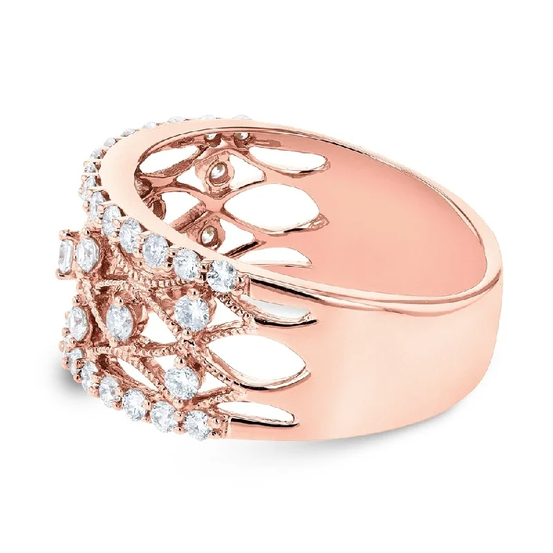 wedding rings with gemstones -Annello by Kobelli 10k Rose Gold 3/5ct TDW Wide Lacework Filigree Diamond Anniversary Ring