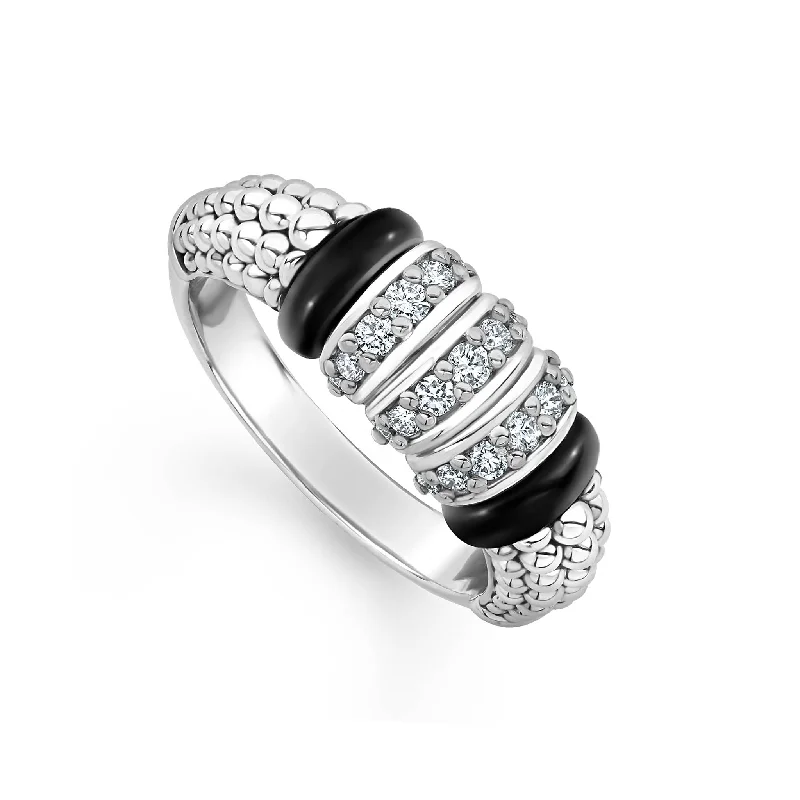 luxury rose gold rings -Black Caviar Three Station Diamond Ceramic Caviar Ring