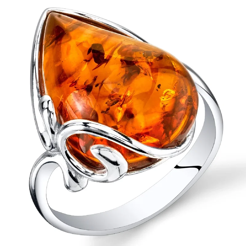 wedding set rings for women -Large Amber Teardrop Ring in Sterling Silver