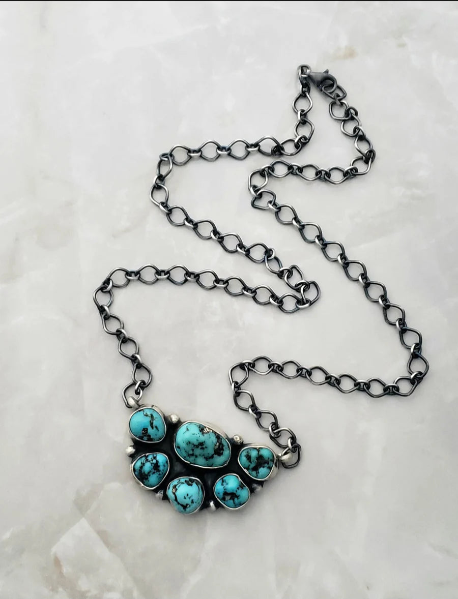 infinity pendant necklaces -Sterling Silver Turquoise Half Cluster Adjustable Necklace