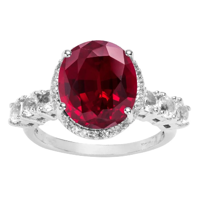 engagement rings for women -Sterling Silver with Ruby and White Zircon Halo Ring