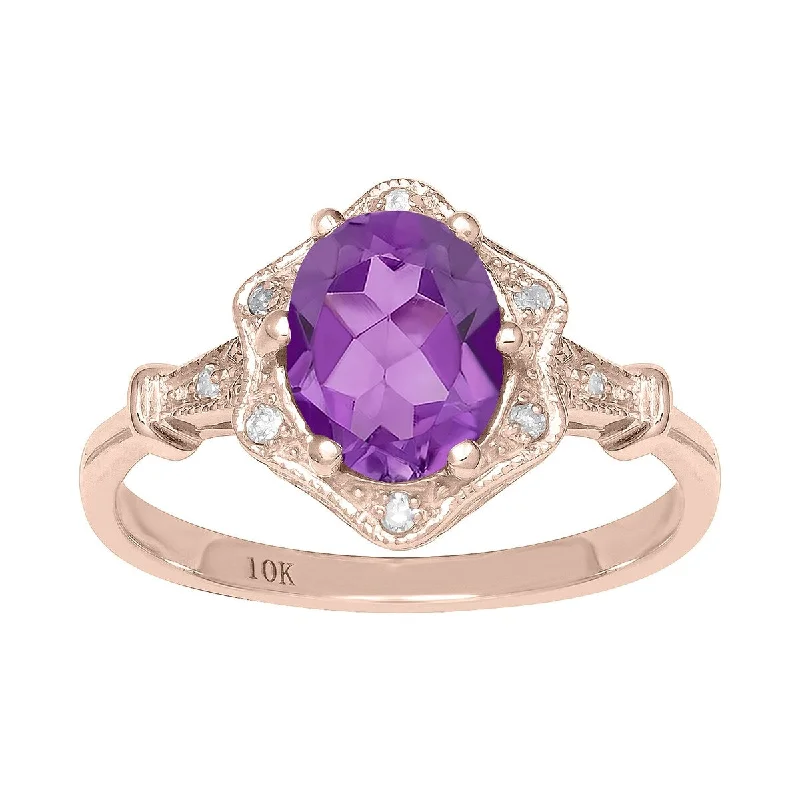 adjustable gold rings for women -Viducci 10k Rose Gold Vintage Style Genuine Oval Amethyst and Diamond Halo Ring