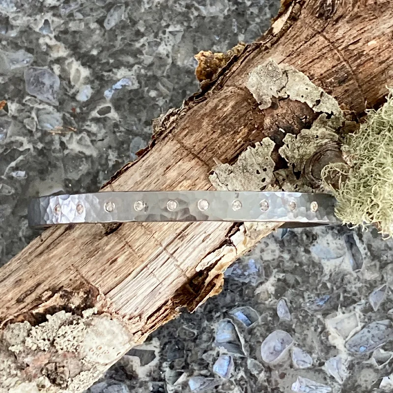 women's silver bracelets -Hammered Oxidized Sterling Silver Cuff with Ten Diamonds