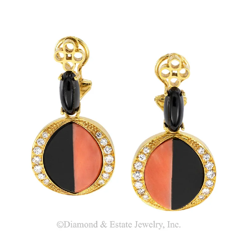 pearl earrings for women -Coral Diamond Black Onyx Clip On Yellow Gold Drop Earrings