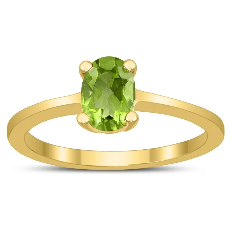 bold rings for women -Oval Solitaire 7X5MM Peridot Ring in 10K Yellow Gold