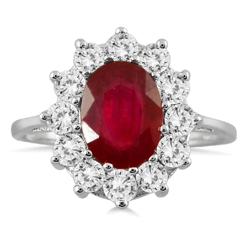 chunky rings for women -1 carat Diamond and Ruby Ring in 14K White Gold