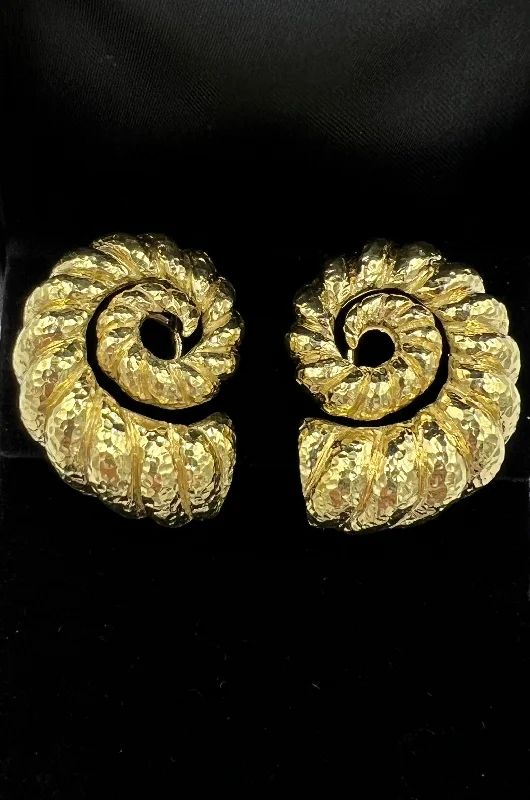 romantic earrings for women -David Webb Nautilus Hammered Yellow Gold Clip On Earrings