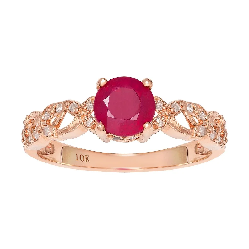 wedding rings for couples -Viducci 10k Rose Gold Vintage Style Genuine Round Ruby and Diamond Filigree Ring