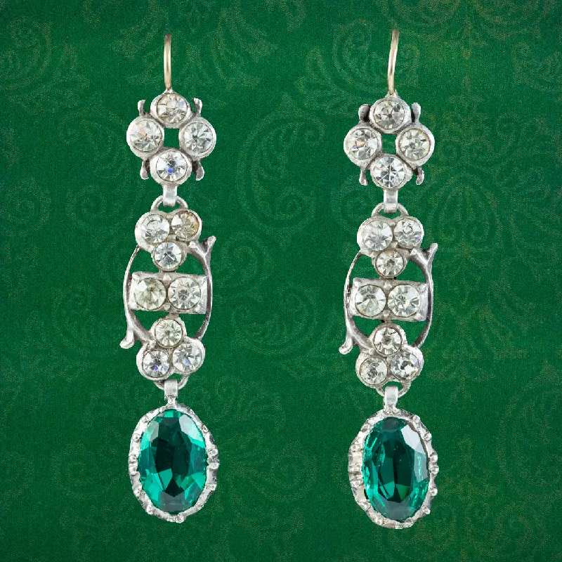 creative earrings for women -Georgian Style Green Paste Drop Earrings Silver