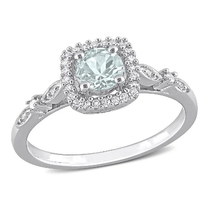 anniversary rings for women -Miadora 3/8ct TGW Aquamarine 1/10ct TW Diamond Square Halo Ring in Sterling Silver