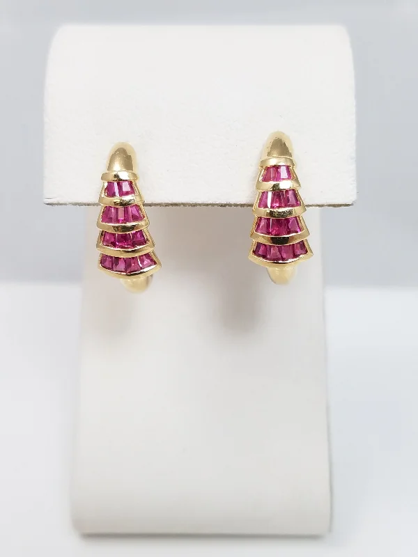 hoop earrings for women -Natural Ruby 14k Yellow Gold Huggie Earrings