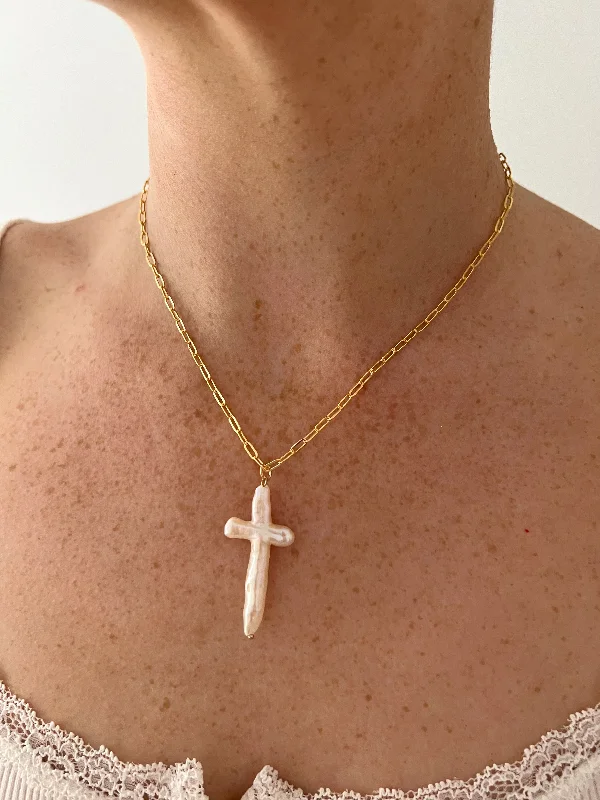 engagement necklaces for women -XL PEARL CROSS ON LINK NECKLACE