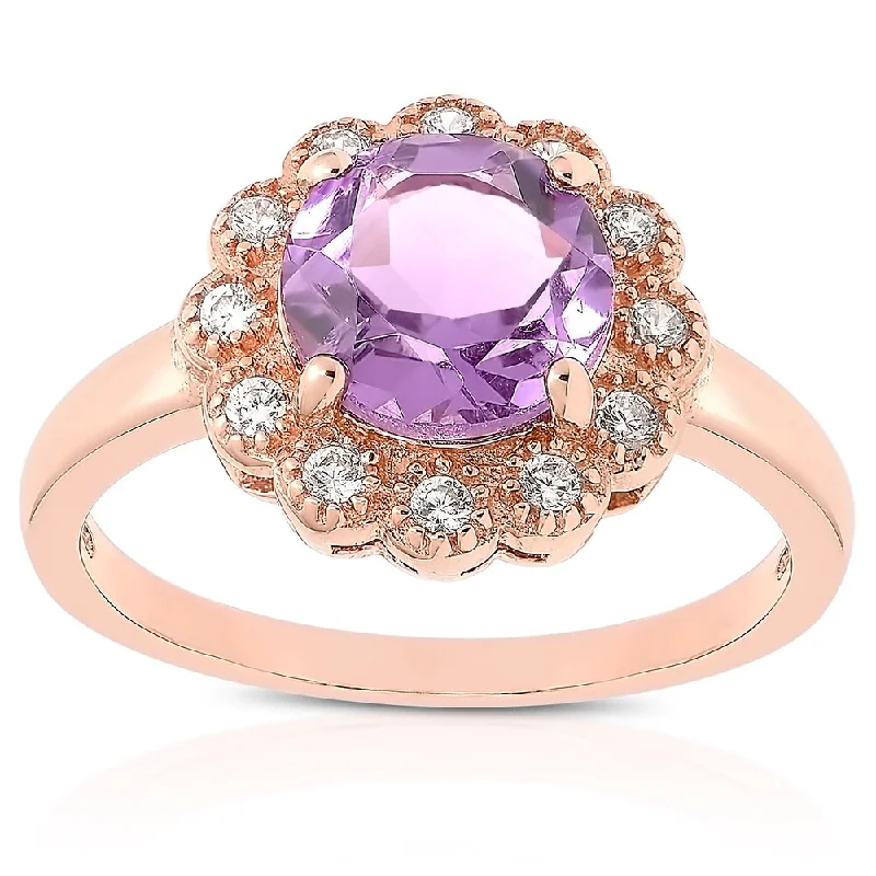 diamond wedding rings for women -Dolce Giavonna Rose Gold Over Sterling Silver Amethyst and Cubic Zirconia Flower Ring