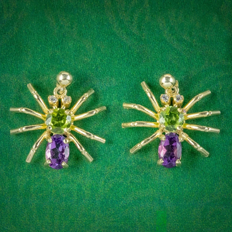 luxury ear cuffs -Edwardian Suffragette Style Spider Stud Earrings Amethyst Peridot Diamond