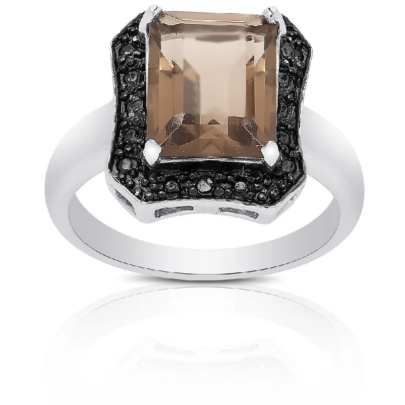 wedding rings with gemstones -Dolce Giavonna Sterling Silver Smokey Quartz and Diamond Accent Square Ring