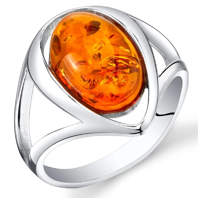 multi-stone rings for women -Oval Shape Amber Ring in Sterling Silver