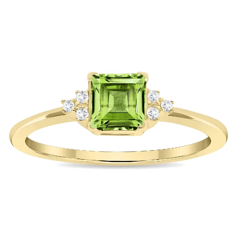 custom engraved rings -Women's Square Shaped Peridot and Diamond Half Moon Ring in 10K Yellow Gold