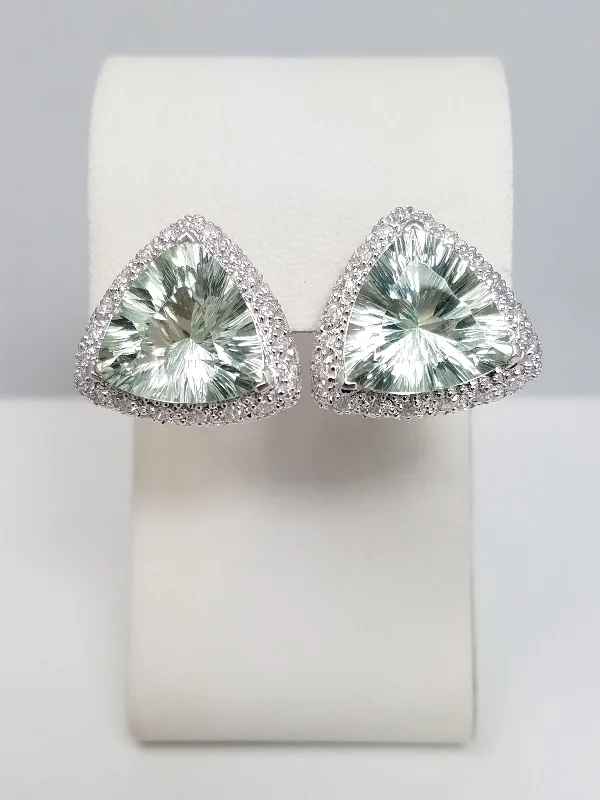 unique stud earrings for women -Piercing Fantasy Cut Natural Prasiolite & Natural Diamond 14k White Gold Earrings