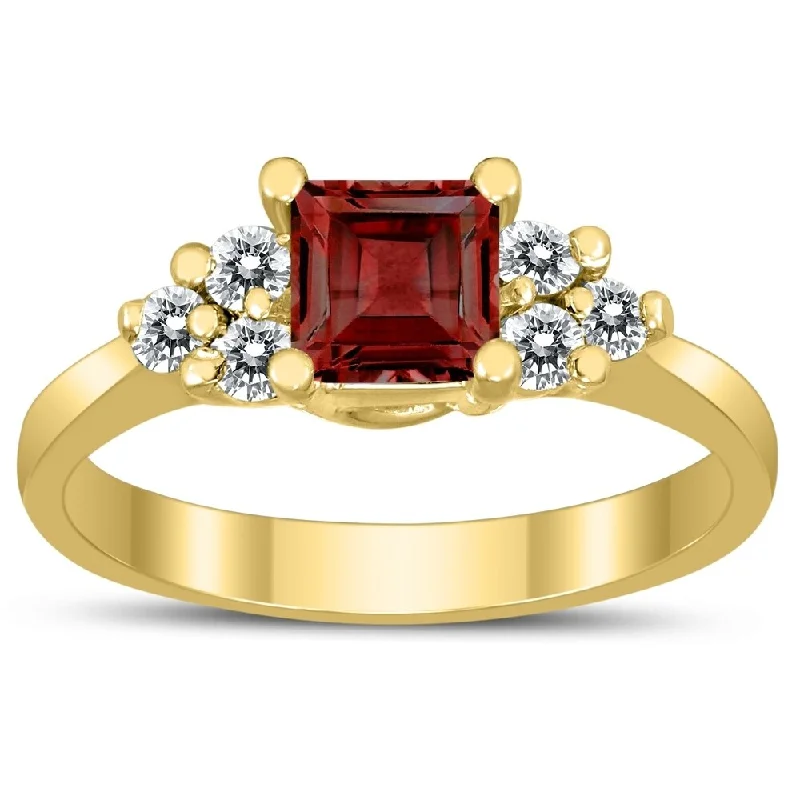 simple wedding rings for women -Princess Cut 5X5MM Garnet and Diamond Duchess Ring in 10K Yellow Gold