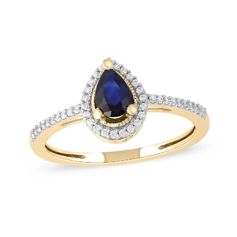 wedding rings for women -Blue Sapphire Gemstone 1/10ct Diamond Halo Ring in 10k Gold by De Couer