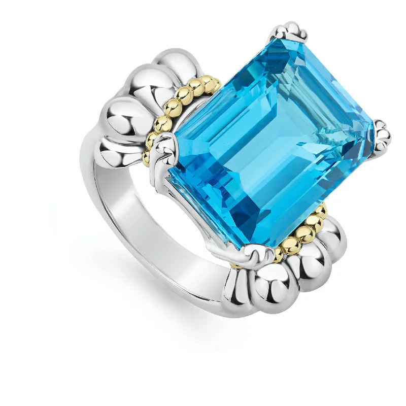 custom birthstone rings -Glacier Large Emerald-Cut Swiss Blue Topaz Ring