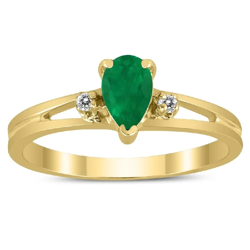 stylish rings for women -6X4MM Emerald and Diamond Pear Shaped Open Three Stone Ring in 10K Yellow Gold