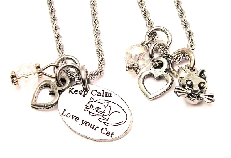 handmade pendant necklaces -Keep Calm And Love Cats Set Of 2 Rope Chain Necklaces