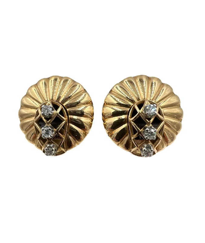 adjustable earrings for women -Retro Diamond Gold Clip On Earrings