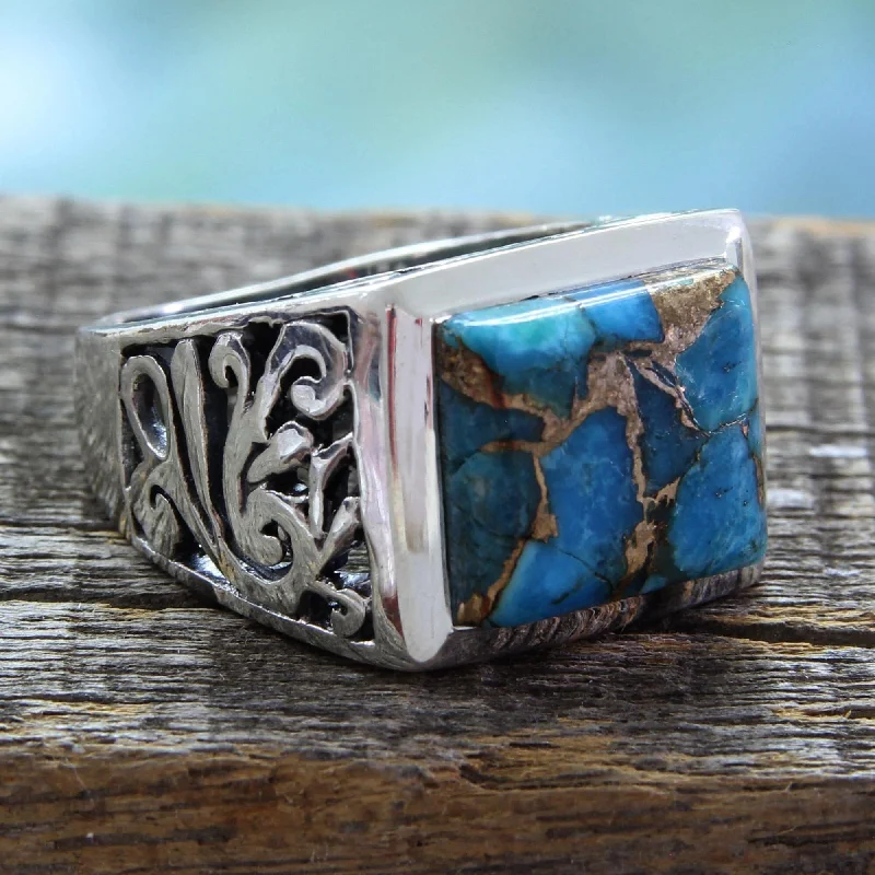 statement rings for women -NOVICA Handmade Men's Sterling Silver 'Fascination' Turquoise Ring (India)