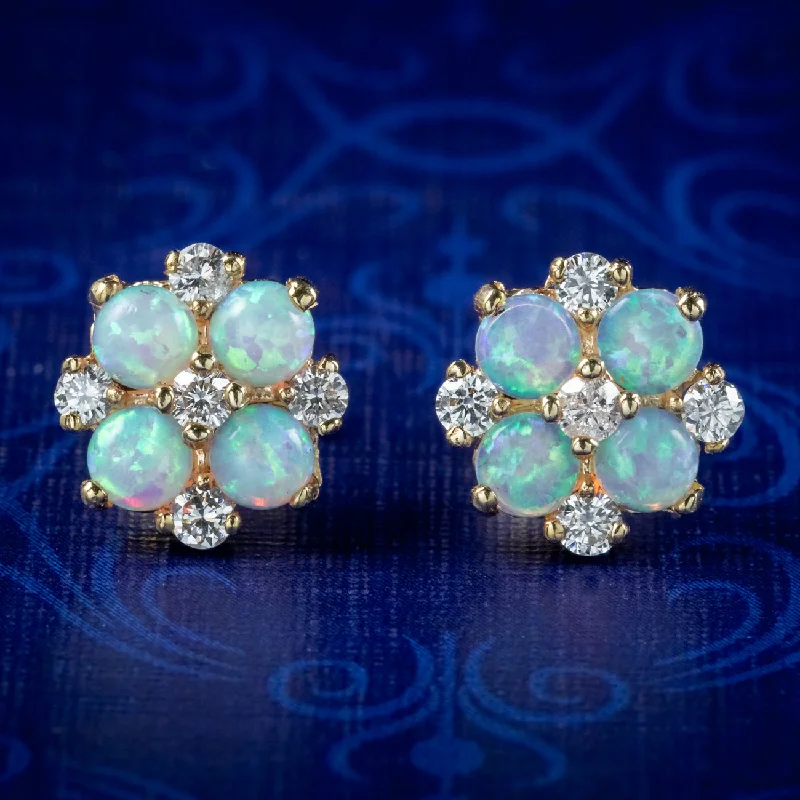 hoop earrings for women -Victorian Style Opal Diamond Cluster Stud Earrings 9Ct Gold 1.60Ct Opal