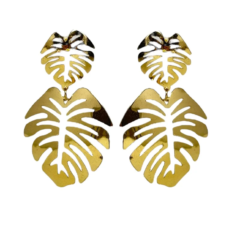 gold stud earrings for women -Double Monstera Earrings Dangle/drop By Unbranded