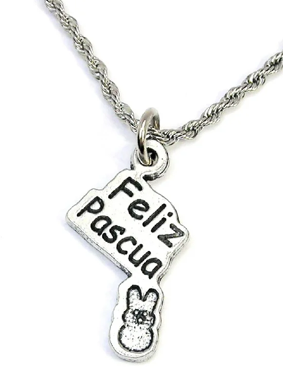 dainty gold necklaces for women -Feliz Pascua With Marshmallow Bunny Single Charm Necklace